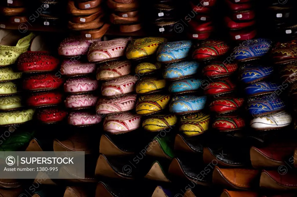 Traditional leather shoes for sale in a shop, Fez, Morocco