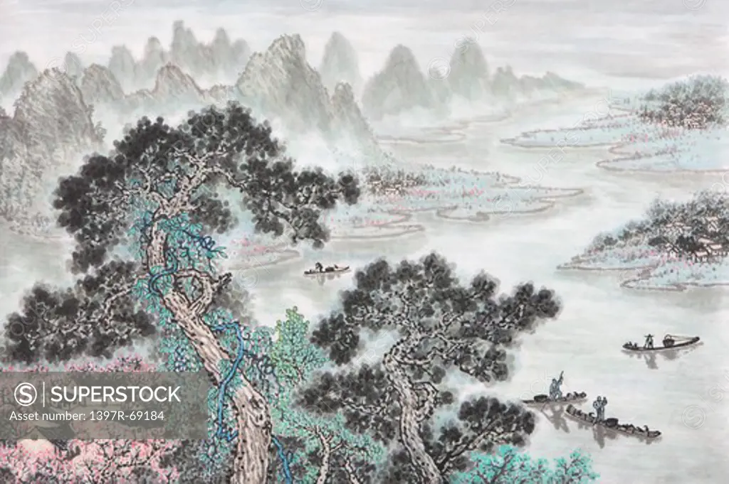 Chinese Fine art, Traditional Chinese Painting, River, Mountain
