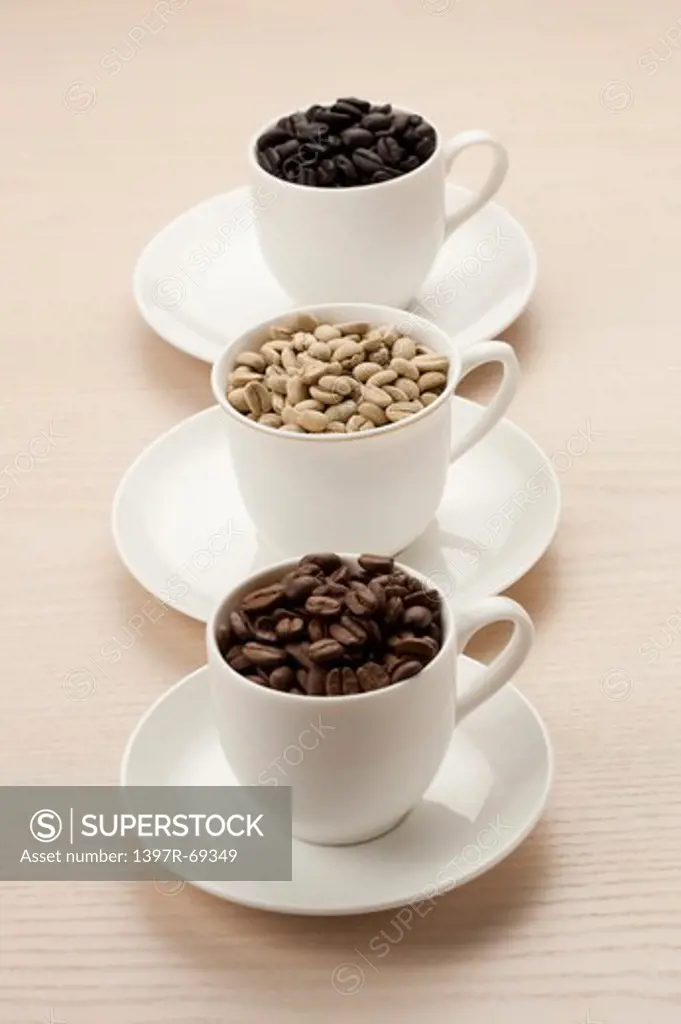 Coffee Bean, Close-up of three cups of coffee beans with different colors