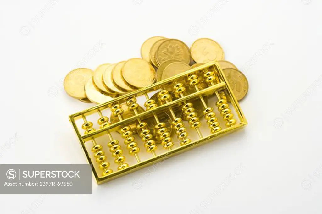 China Currency, coins and a golden abacus