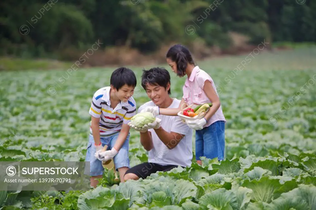 Young man with two children crouching in the vegetable garden and smiling happily