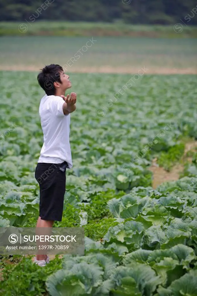 Young man standing in the vegetable garden and deep breathing