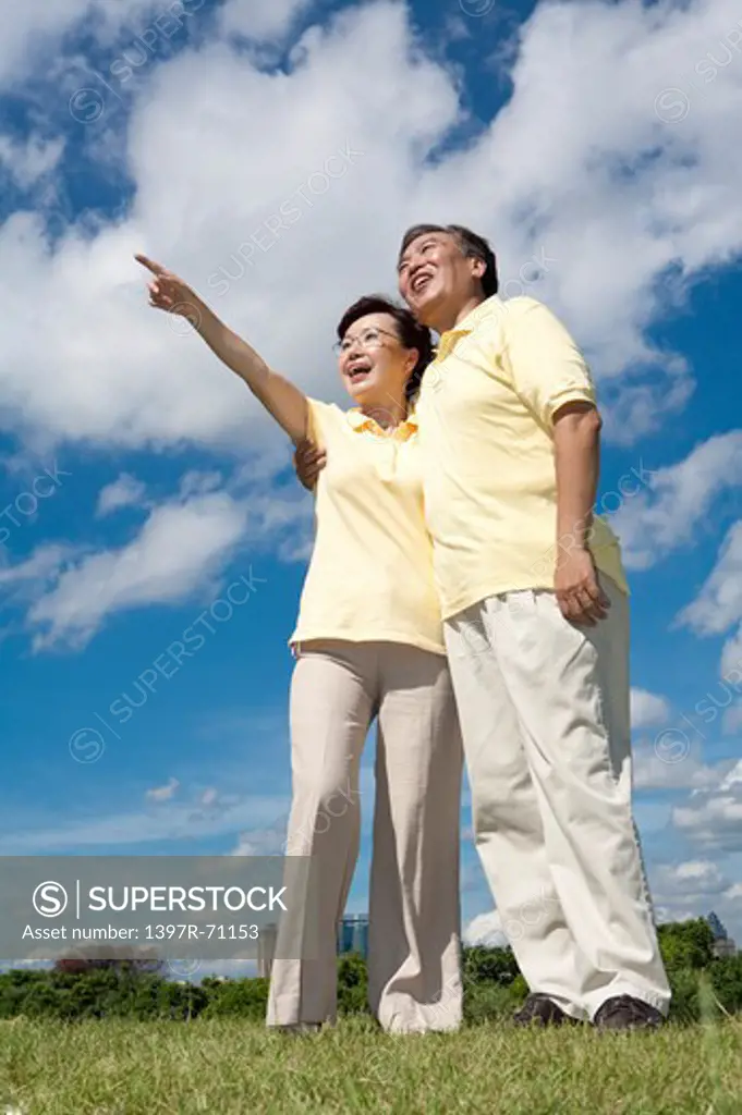 Senior Couple standing on grass against sky, smiling