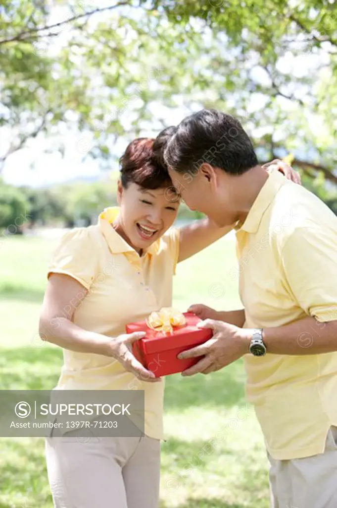 Senior man giving wife a present