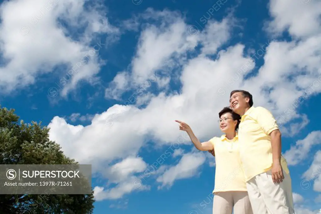 Senior couple standing against sky, pointing