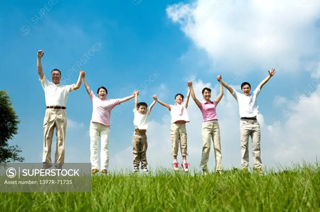 Multi-generational family jumping in a row on lawn, holding hands