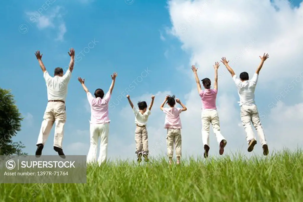 Multi-generational family jumping in a row on lawn, arms up