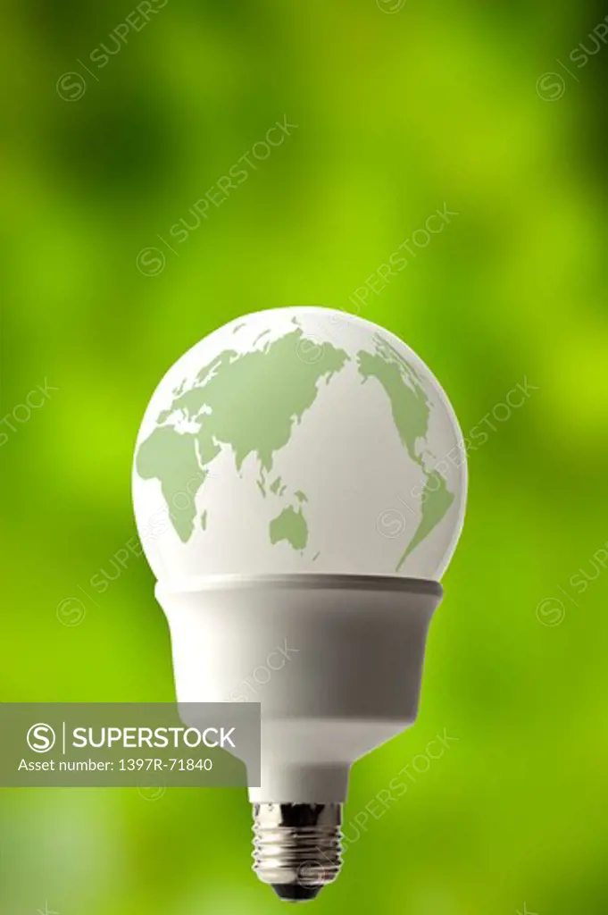 A light bulb with world map on it