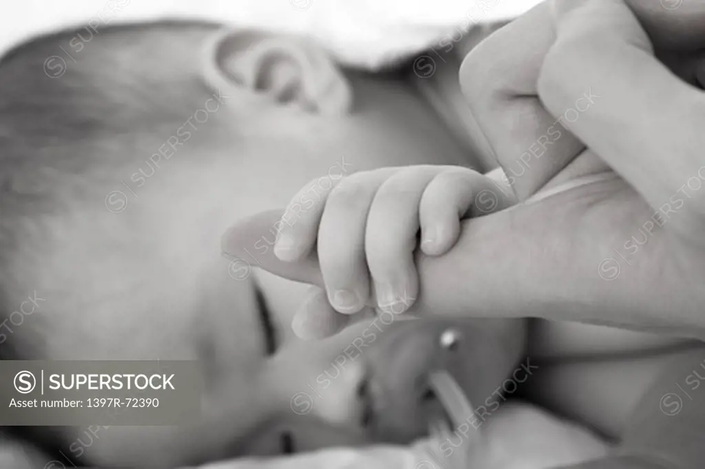 Father's finger holding baby's hand