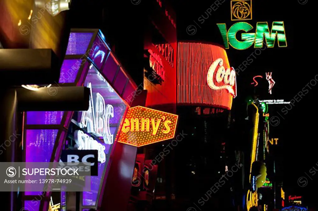 Store neon signs at night, Las Vegas