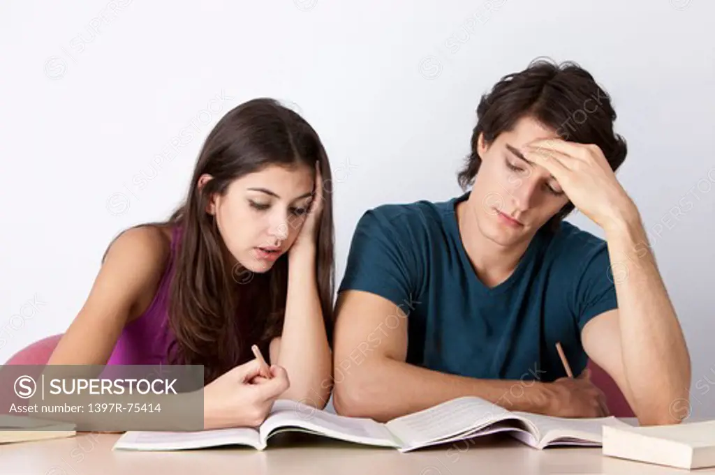 Two young friends sitting together, studying
