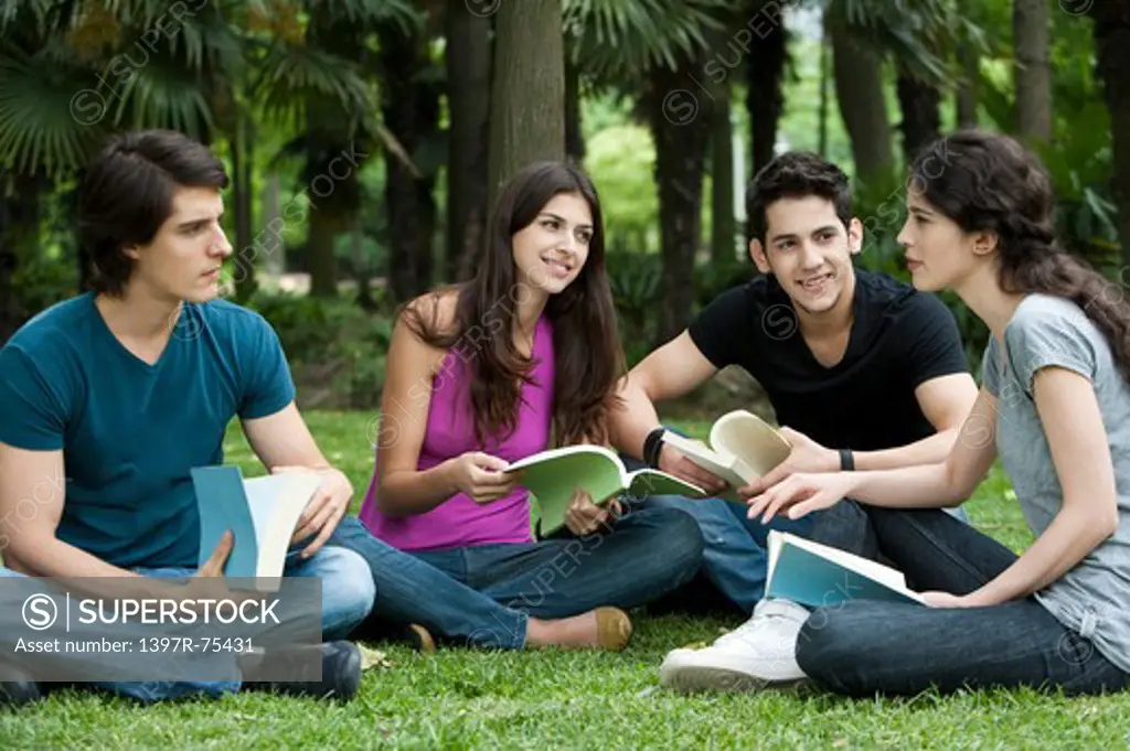 Four young friends sitting on lawn, reading books