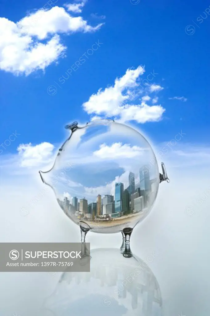 Environmental Conservation, Digitally generated image of buildings in a piggy bank with blue sky in background