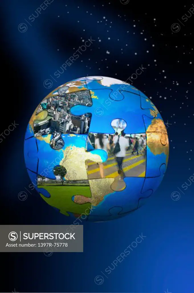 Environmental Conservation, Digitally generated image of earth with puzzles in blue background