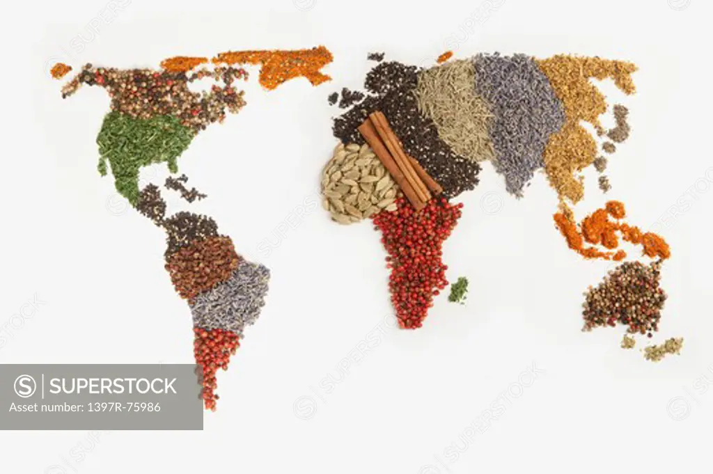 Map of world made of various Spices