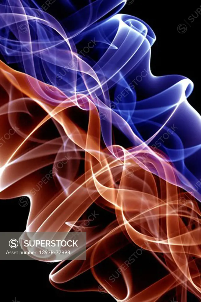 Ethereal drift of blue and brown smoke on black background