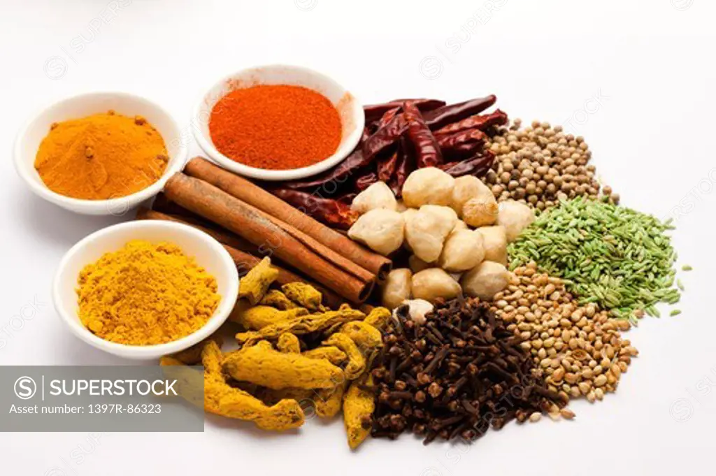 Spice, Turmeric powder, Chili Pepper, Curry Powder, Cinnamon, Curcuma, Clove, Chickpea, Chili, Fennel, White Peppercorn, Coriander,