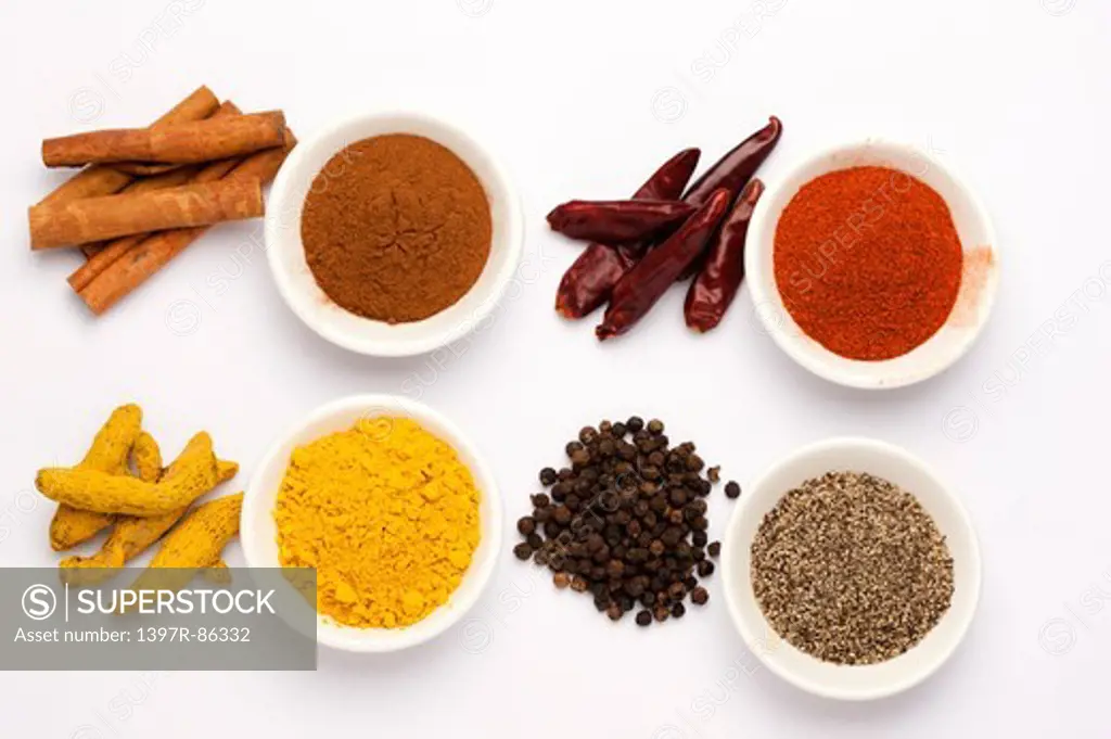 Spice, Curcuma, Turmeric powder, Cinnamon, Chili, Chili Pepper, Black Peppercorn,