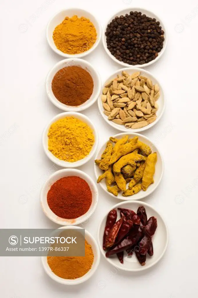Spice, Turmeric powder, Chili Pepper, Curry Powder, Cinnamon, Chili, Curcuma, Cardamom, Black Peppercorn,