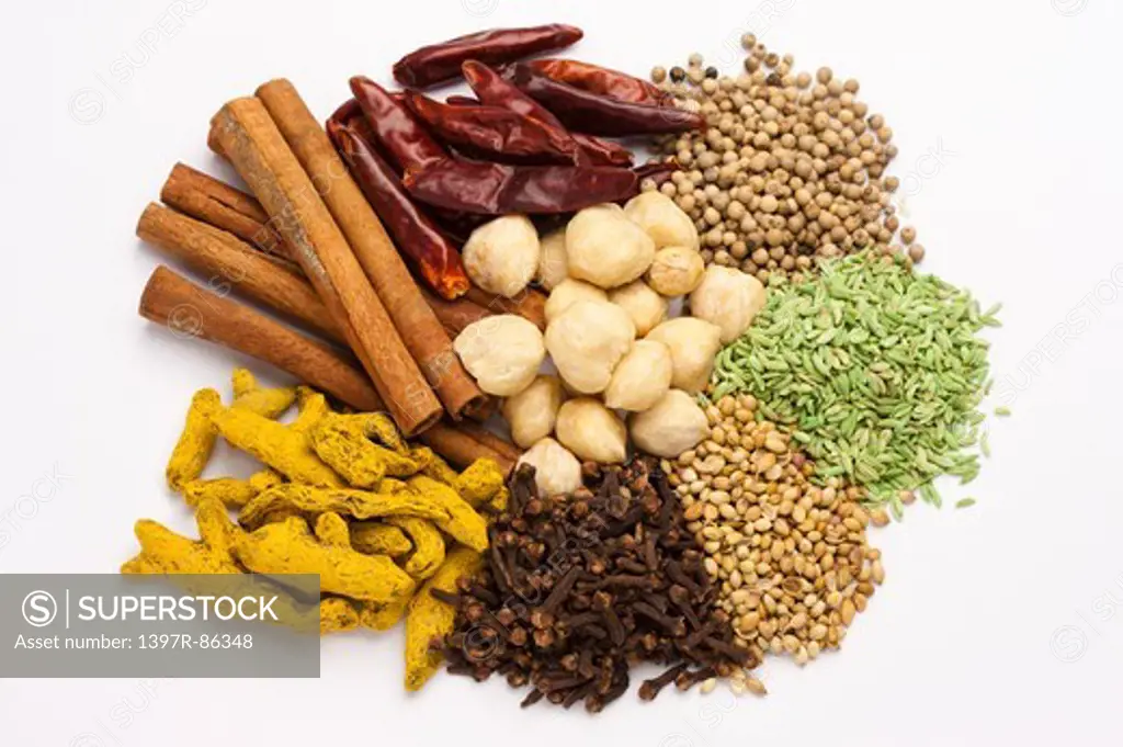 Spice, Curcuma, Cinnamon, Chili, Chickpea, Clove, Fennel, White Peppercorn, Coriander,