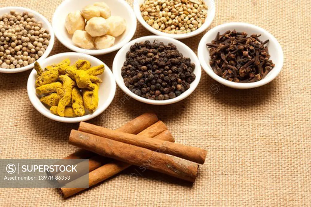 Spice, Cinnamon, Curcuma, Black Peppercorn, Clove, White Peppercorn, Chickpea, Coriander,