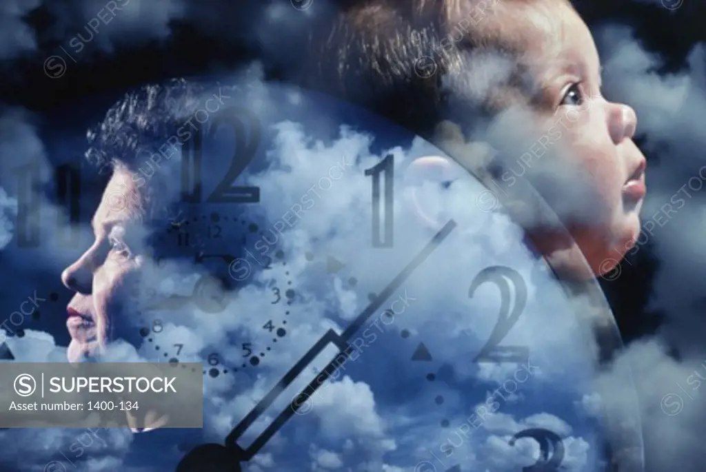 Face of a mature woman and a baby with a clock superimposed on clouds