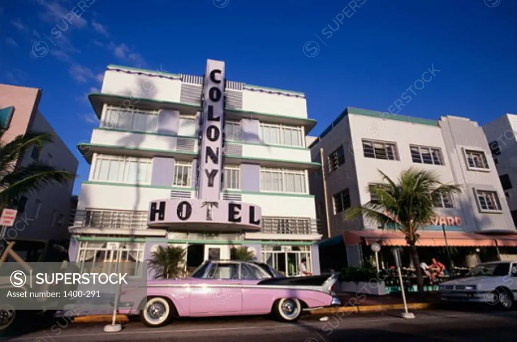Car parked in front of a hotel, Colony Hotel, Ocean Drive, Miami Beach, Florida, USA