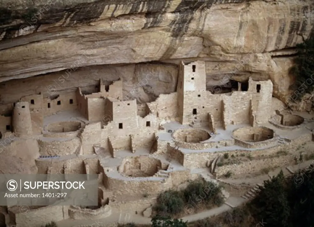 High angle view of cliff dwellings, Cliff Palace, Mesa Verde National Park, Colorado, USA