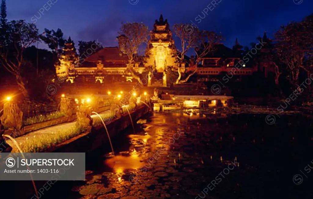 Temple lit up at night, Pura Saraswati Temple, Ubud, Bali, Indonesia