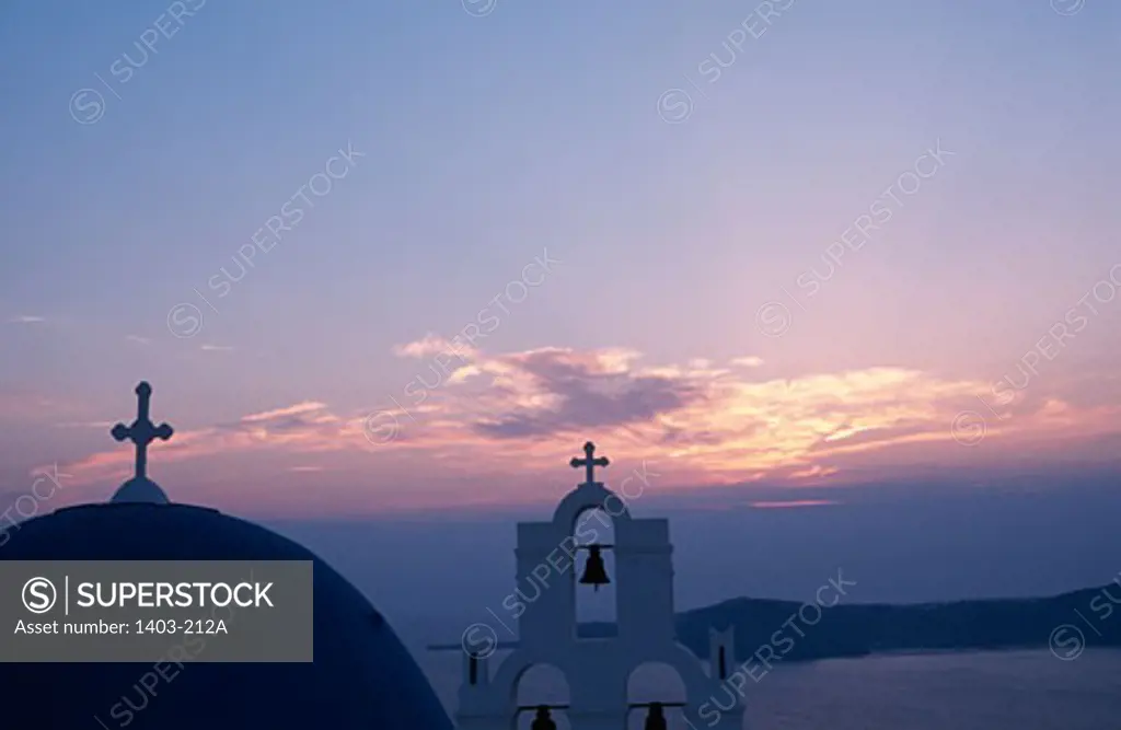 Silhouette of a church at dusk, Santorini, Cyclades Islands, Greece