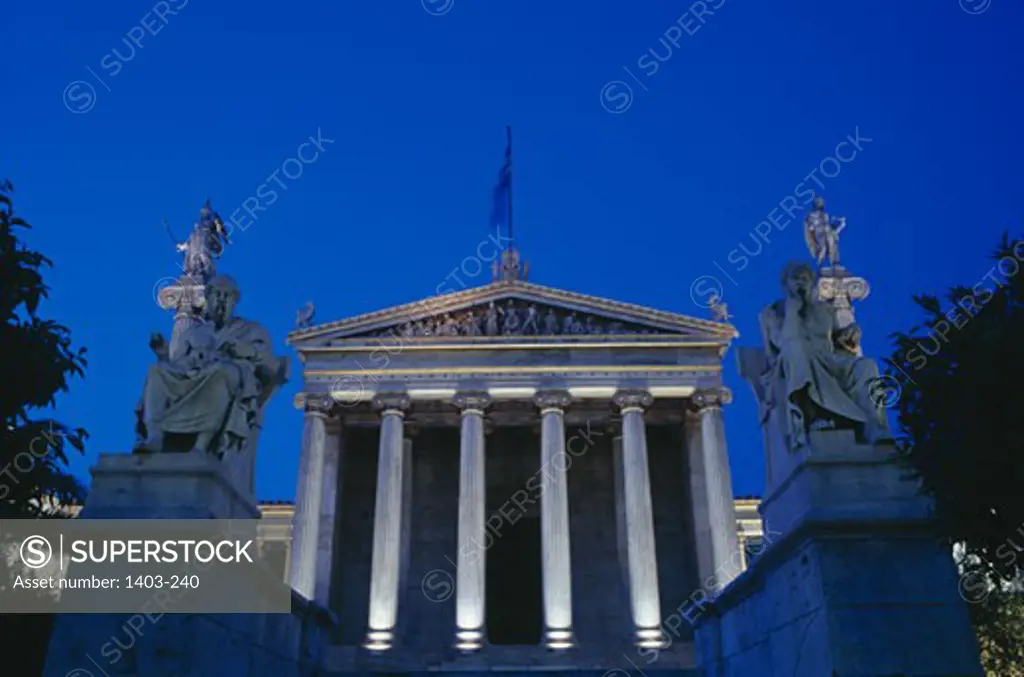 Greece, Athens, Athens Academy, Statues in front of educational building