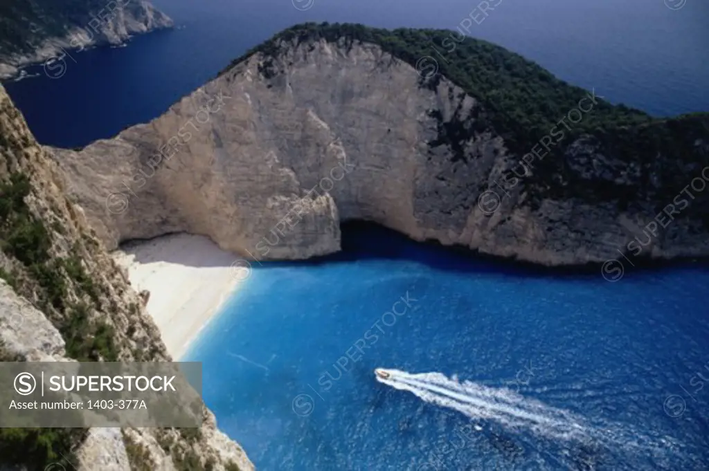 Aerial view of a speedboat in the sea, Navagio Beach, Zakynthos, Ionian Islands, Greece