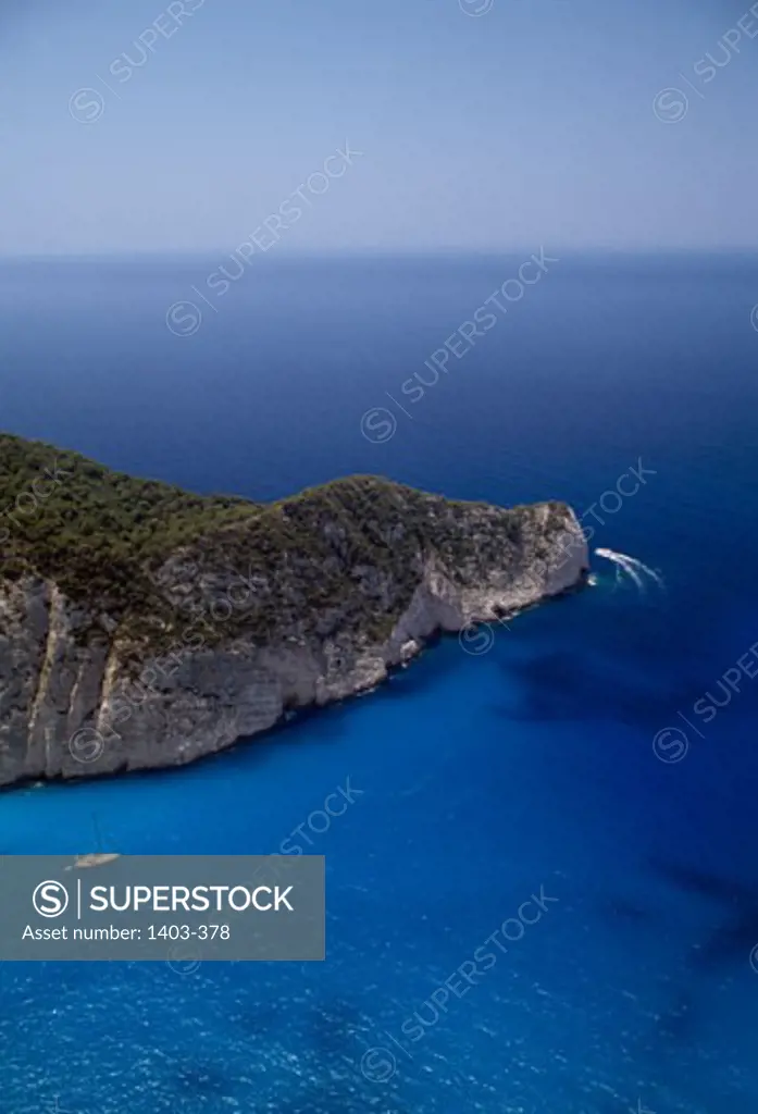 Aerial view of a sailboat in the sea, Navagio Beach, Zakynthos, Ionian Islands, Greece