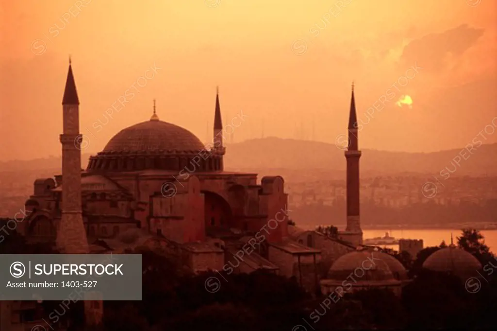 Mosque in a city during sunset, Hagia Sophia, Istanbul, Turkey