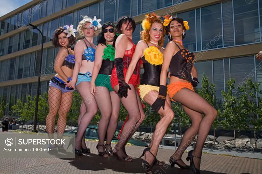 Gay men in female clothing participating in a gay pride parade, Minneapolis, Minnesota, USA