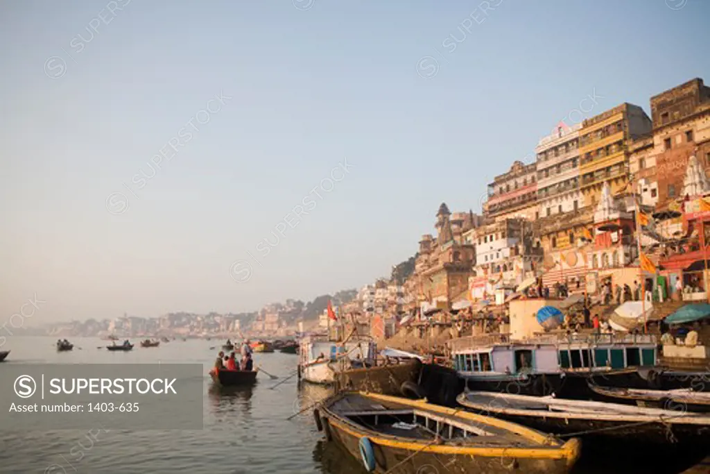 Hindu temples at the riverbank, Ganges River, Varanasi, Uttar Pradesh, India