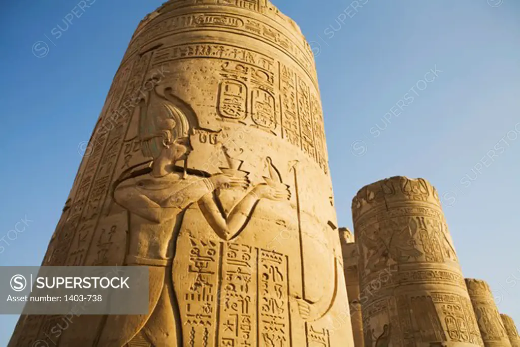 Egypt, Kom Ombo, Carved columns at Temple of Horus and Sobek at ancient ruins on Nile River