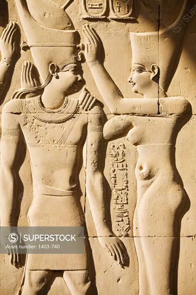 Egypt, Kom Ombo, Wall carving at Temple of Horus and Sobek on Nile River