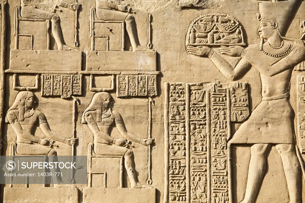 Egypt, Close up of remarkably preserved carvings at Temple of Horus and Sobek at ancient ruins of Kom Ombo on Nile River