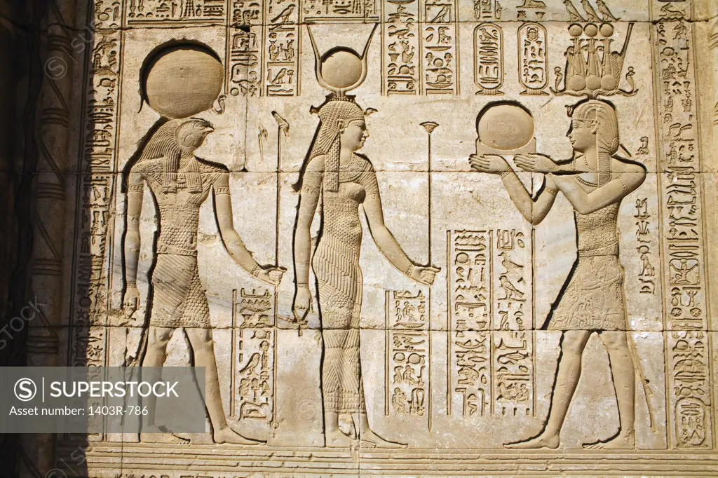 Egypt, Dendera Temple Complex, Detail of carved reliefs of Roman Mammisi