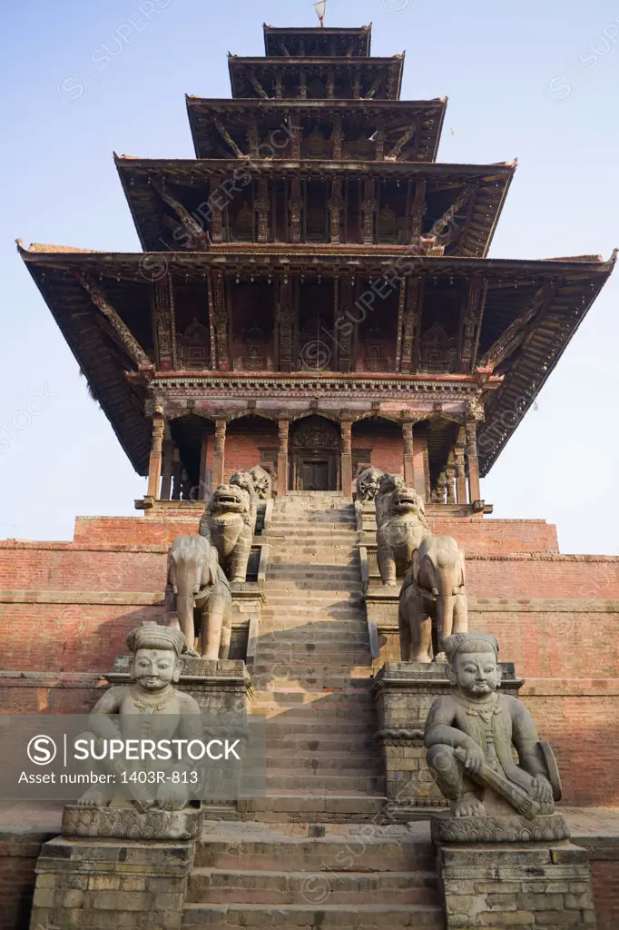 Nepal, Kathmandu, Bhaktapur, Low angle view of Nyatapola Temple at Taumahdi Tole, Tallest temple in Nepal and part of UNESCO World Heritage Site
