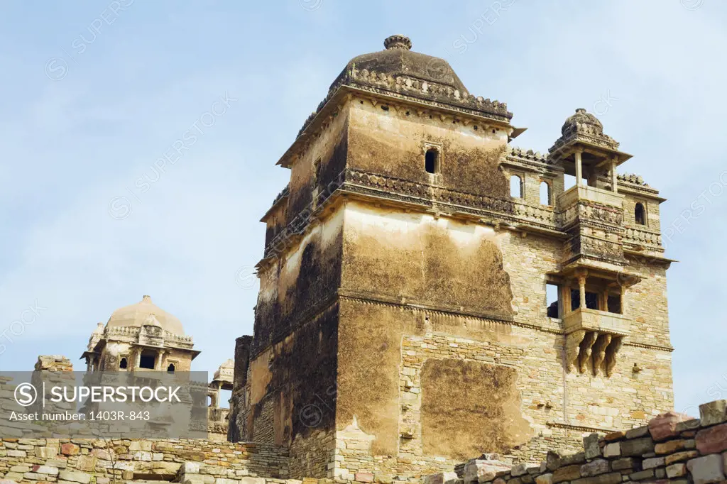 India, Rajasthan, Ruined Rana Kumbha Palace inside sprawling medieval historic Chittorgarh Fort complex