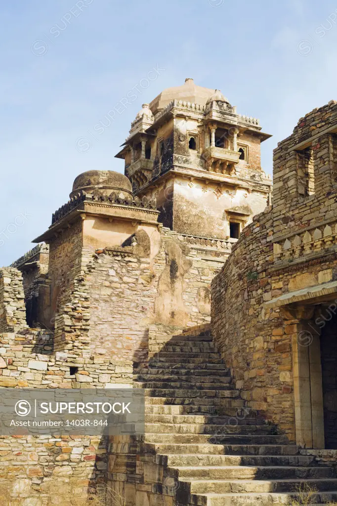 India, Rajasthan, Ruined Rana Kumbha Palace inside sprawling medieval historic Chittorgarh Fort complex