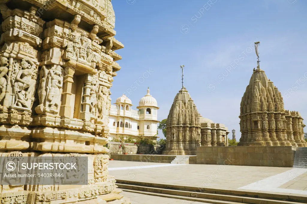 India, Rajasthan, Satbees Deveri/Deora Jain Temples and Fateh Prakash Palace inside historic sprawling Chittorgarh Fort complex