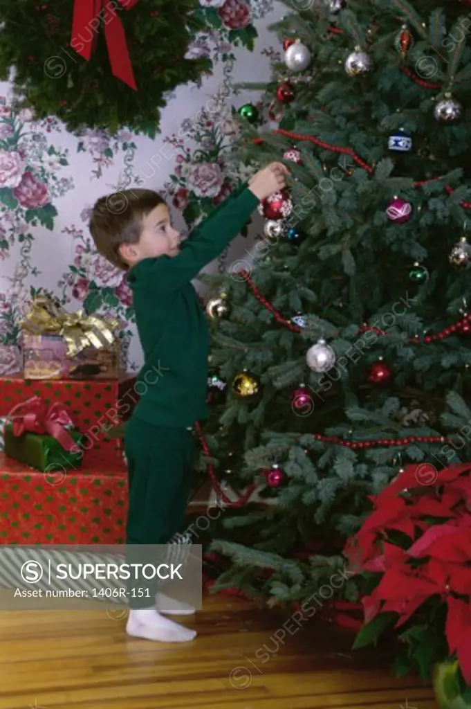 Side profile of boy decorating a Christmas tree