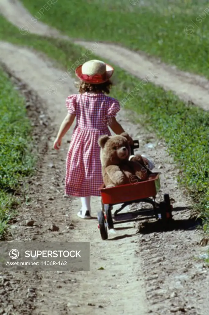 Rear view of a girl pulling a wagon with a teddy bear in it