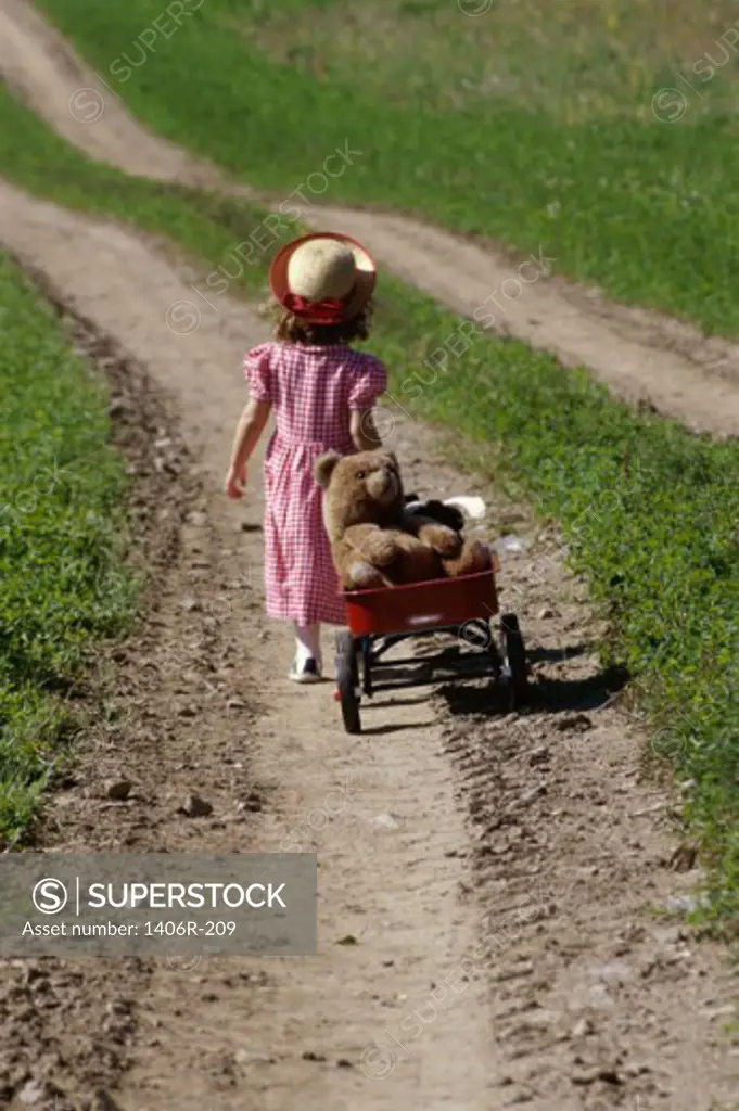 Rear view of a girl pulling a wagon with a teddy bear in it