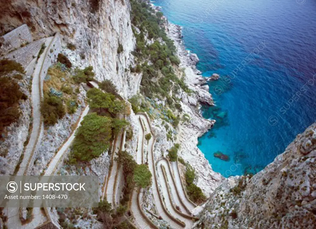 Winding hillside road near the coast, Capri, Italy