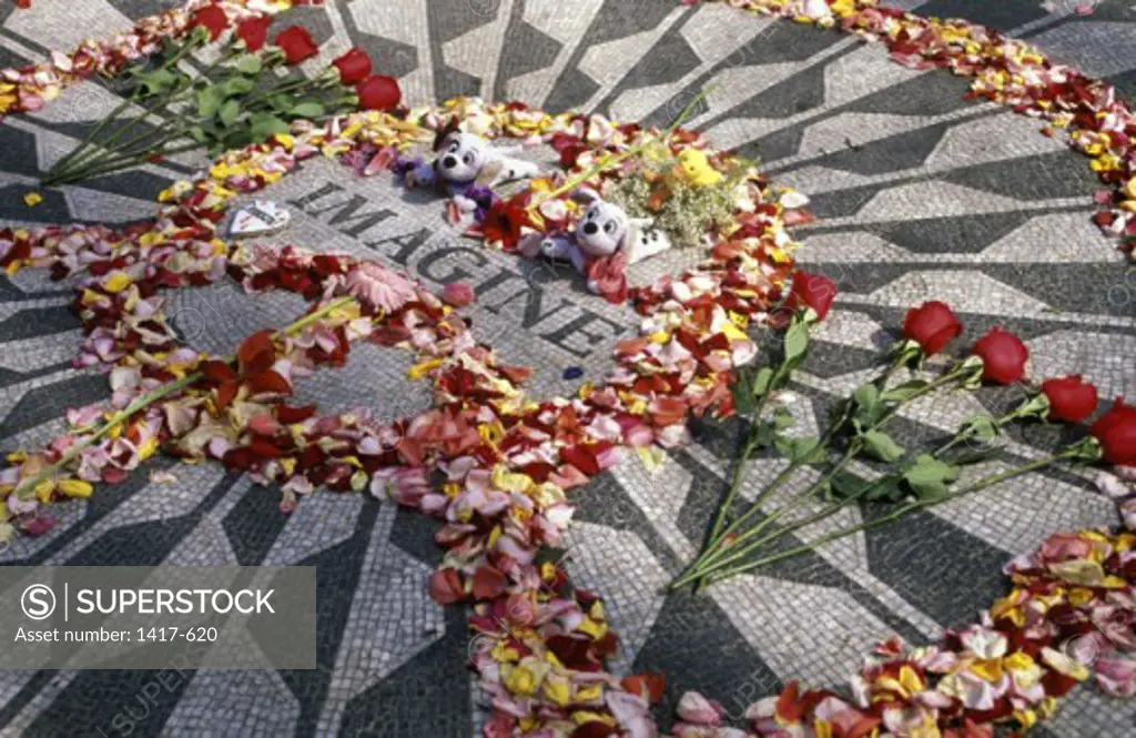 High angle view of a flower arrangement on a mosaic, Imagine Mosaic, Strawberry Fields, Central Park, Manhattan, New York City, New York, USA