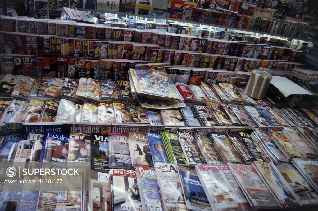High angle view of magazines at a newsstand